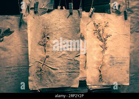 Atelier avec des herbes séchées et des fleurs pour Halloween. Contexte pour halloween. Banque D'Images