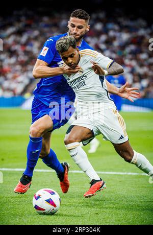 Madrid, Espagne. 2 septembre 2023. MADRID, ESPAGNE - SEPTEMBRE 2 : Rodrygo du Real Madrid lors du match LaLiga EA Sports entre le Real Madrid et Getafe FC à l'Estadio Santiago Bernabeu le 2 septembre 2023 à Madrid, Espagne (crédit image : © Baldesca Samper/DAX via ZUMA Press Wire) À USAGE ÉDITORIAL UNIQUEMENT! Non destiné à UN USAGE commercial ! Banque D'Images