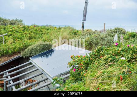 Panneau solaire au-dessus d'un ancien bunker de la Wehrmacht allemande sur l'île de Terschelling, en mer du Nord, aux pays-Bas Banque D'Images