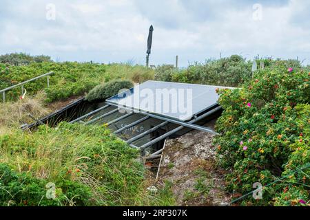 Panneau solaire au-dessus d'un ancien bunker de la Wehrmacht allemande sur l'île de Terschelling, en mer du Nord, aux pays-Bas Banque D'Images