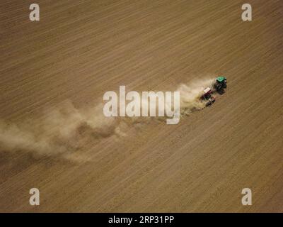 Un tracteur avec un semoir Horsch PRONTO DC 6 semant dans un champ sec à la fin de l'été., Doma, Saxe, Allemagne Banque D'Images