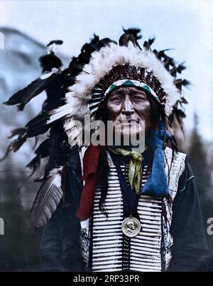 Iron Shell, Lakota, tribu Sioux, portrait demi-longueur, face avant en vêtements traditionnels. C.1908. Il porte probablement un Ulysses S. Grant Peac Banque D'Images