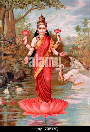 Lakshmi Inde 1894 - Lakshmi debout sur un lotus est peut-être l'exemple le plus connu de toutes les premières lithographies des dieux hindous Banque D'Images