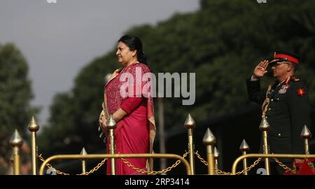 (180919) -- KATMANDOU, 19 septembre 2018 -- le président népalais Bidhya Devi Bhandari participe à une cérémonie spéciale célébrant le jour de la Constitution au Pavillon de l'armée népalaise à Katmandou, Népal, le 19 septembre 2018. Le Népal, mercredi, a observé le troisième jour de la Constitution, également connu sous le nom de jour national, marquant l'anniversaire de la promulgation de la constitution historique. (hy) NÉPAL-KATMANDOU-CONSTITUTION DAY-CELEBRATION sunilxsharma PUBLICATIONxNOTxINxCHN Banque D'Images