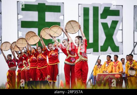 (180920) -- XUYI, 20 septembre 2018 -- des danseurs se produisent lors de la cérémonie d'ouverture d'un festival de la récolte du riz qui s'est tenu dans le village de Xinpu, comté de Xuyi, Huai an, province du Jiangsu dans l'est de la Chine, le 20 septembre 2018. Les agriculteurs locaux sont encouragés à utiliser des rizières pour élever des écrevisses, qui est également un aliment populaire dans la cuisine chinoise. Le gouvernement du comté de Xuyi a réussi à augmenter les revenus des agriculteurs en promouvant ce mode agricole. (lmm) CHINA-JIANGSU-XUYI-RICE-HARVEST (CN) LixXiang PUBLICATIONxNOTxINxCHN Banque D'Images