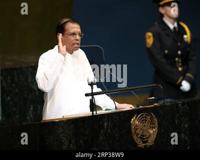 (180925) -- NATIONS UNIES, 25 septembre 2018 -- le président sri-lankais Maithripala Sirisena (Front) prend la parole lors du débat général de la 73e session de l'Assemblée générale des Nations Unies au siège de l'ONU à New York, le 25 septembre 2018.) ONU-73E ASSEMBLÉE GÉNÉRALE-DÉBAT GÉNÉRAL QINXLANG PUBLICATIONXNOTXINXCHN Banque D'Images