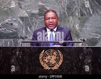 (180926) -- NATIONS UNIES, 26 septembre 2018 -- Filipe Nyusi, président du Mozambique, prononce un discours lors du débat général de la 73e session de l'Assemblée générale des Nations Unies, au siège de l'ONU à New York, le 25 septembre 2018.) (Qxy) un-73e ASSEMBLÉE GÉNÉRALE-DÉBAT GÉNÉRAL WangxYing PUBLICATIONxNOTxINxCHN Banque D'Images