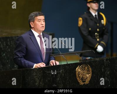 (180926) -- NATIONS UNIES, 26 septembre 2018 -- le président kirghize Sooronbay Jeenbekov prend la parole lors du débat général de la 73e session de l'Assemblée générale des Nations Unies au siège des Nations Unies à New York, le 25 septembre 2018.) (Qxy) un-73e ASSEMBLÉE GÉNÉRALE-DÉBAT GÉNÉRAL QinxLang PUBLICATIONxNOTxINxCHN Banque D'Images