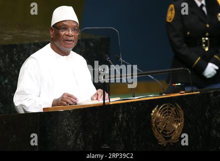 180926 -- NATIONS UNIES, 26 septembre 2018 -- le président malien Ibrahim Boubacar Keita prononce un discours lors du débat général de la 73e session de l'Assemblée générale des Nations Unies au siège de l'ONU à New York, le 26 septembre 2018. ONU-73E ASSEMBLÉE GÉNÉRALE-DÉBAT GÉNÉRAL QINXLANG PUBLICATIONXNOTXINXCHN Banque D'Images