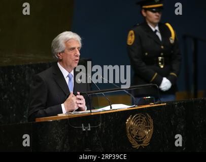 (180926) -- NATIONS UNIES, 26 septembre 2018 -- le président uruguayen Tabare Vazquez (Front) prononce un discours lors du débat général de la 73e session de l'Assemblée générale des Nations Unies au siège de l'ONU à New York, le 26 septembre 2018.) ONU-73E ASSEMBLÉE GÉNÉRALE-DÉBAT GÉNÉRAL QINXLANG PUBLICATIONXNOTXINXCHN Banque D'Images