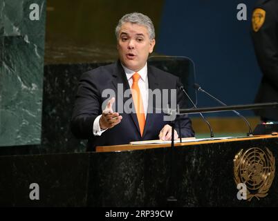 (180926) -- NATIONS UNIES, 26 septembre 2018 -- le président colombien Ivan Duque prononce une allocution au débat général de la 73e session de l'Assemblée générale des Nations Unies au siège des Nations Unies à New York, le 26 septembre 2018.) ONU-73E ASSEMBLÉE GÉNÉRALE-DÉBAT GÉNÉRAL QINXLANG PUBLICATIONXNOTXINXCHN Banque D'Images