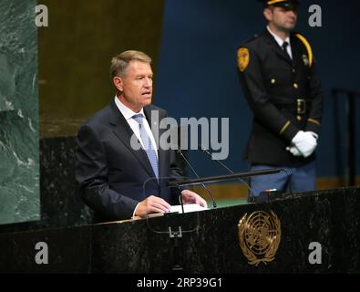 180926 -- NATIONS UNIES, 26 septembre 2018 -- le président roumain Klaus Iohannis s'adresse au débat général de la 73e session de l'Assemblée générale des Nations Unies au siège de l'ONU à New York, le 26 septembre 2018. ONU-73E ASSEMBLÉE GÉNÉRALE-DÉBAT GÉNÉRAL QINXLANG PUBLICATIONXNOTXINXCHN Banque D'Images