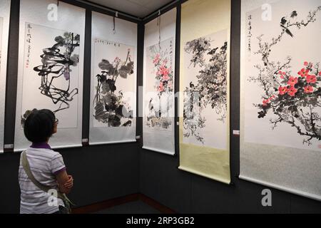 (181005) -- HONG KONG, le 5 octobre 2018 -- Un visiteur voit des peintures exposées lors de la 20e exposition de la Conférence mondiale sur les arts chinois à Hong Kong City Hall, dans la région administrative spéciale de Hong Kong, en Chine méridionale, le 4 octobre 2018. L'exposition de deux jours aura lieu du 4 au 5 octobre. ) (lmm) CHINA-HONG KONG-ART-EXHIBITION (CN) LuixSiuxWai PUBLICATIONxNOTxINxCHN Banque D'Images