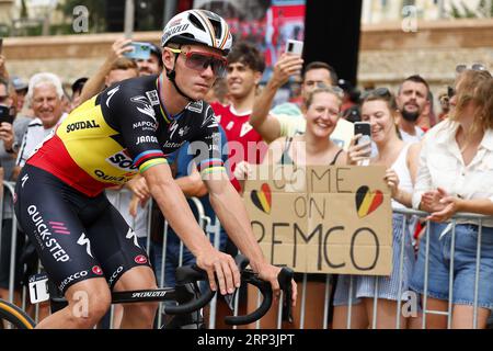 Oliva, Espagne. 03 septembre 2023. Le Belge Remco Evenepoel de Soudal Quick-Step en avance sur l'étape 9 de l'édition 2023 de la 'Vuelta a Espana', course cycliste Tour d'Espagne, de Carthagène au Collado de la Cruz de Caravaca (184, 5 km), en Espagne, dimanche 03 septembre 2023. La Vuelta se déroule du 26 août au 17 septembre. BELGA PHOTO PEP DALMAU crédit : Belga News Agency/Alamy Live News Banque D'Images