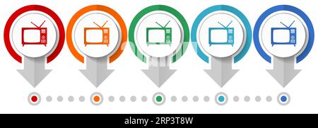 Télévision rétro, tv et écran vidéo ensemble d'icônes vectorielles, modèle infographique de conception plate, définir des icônes de concept de pointeur dans 5 options de couleur pour webdesign Illustration de Vecteur