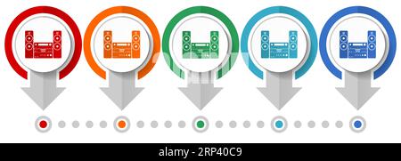 Musique, ensemble d'icônes vectorielles d'équipement stéréo, modèle d'infographie de conception plate, définir des icônes de concept de pointeur dans 5 options de couleur pour le webdesign et l'appli mobile Illustration de Vecteur