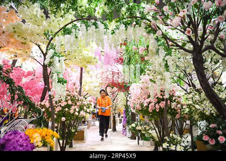 (181028) -- PÉKIN, 28 octobre 2018 -- une photo prise le 23 octobre 2018 montre des décorations florales artificielles lors de la 124e Foire d'importation et d'exportation de Chine, également connue sous le nom de Foire de Canton, à Guangzhou, capitale de la province du Guangdong du sud de la Chine. XINHUA PHOTO CHOIX HEBDOMADAIRES DengxHua PUBLICATIONxNOTxINxCHN Banque D'Images