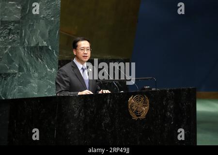 (181101) -- NATIONS UNIES, 1 novembre 2018 -- Ma Zhaoxu, représentante permanente de la Chine auprès des Nations Unies, s'adresse à une réunion de l'Assemblée générale des Nations Unies au siège des Nations Unies à New York, le 31 octobre 2018. Ma Zhaoxu a déclaré mercredi que les États-Unis devraient mettre fin à leur embargo contre Cuba. (Jmmn) RÉUNION DE L'ASSEMBLÉE GÉNÉRALE des Nations Unies-CUBA-CHINE LixMuzi PUBLICATIONxNOTxINxCHN Banque D'Images