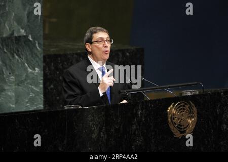 (181101) -- NATIONS UNIES, 1 novembre 2018 -- le ministre cubain des Affaires étrangères Bruno Rodriguez s'adresse à l'Assemblée générale des Nations Unies au siège des Nations Unies à New York, le 1 novembre 2018. L'Assemblée générale des Nations Unies a adopté jeudi une résolution non contraignante appelant à la levée de l'embargo des États-Unis contre Cuba. Le projet de résolution, déposé par Cuba, a reçu 189 voix pour et deux contre lors de l'Assemblée générale des 193 membres. ONU-ASSEMBLÉE GÉNÉRALE-CUBA-ÉTATS-UNIS-EMBARGO XIEXE PUBLICATIONXNOTXINXCHN Banque D'Images