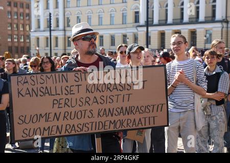 Helsinki, Uusimaa, Finlande. 3 septembre 2023. Le 3 septembre 2023, une grande manifestation contre le racisme a eu lieu à Helsinki. Les manifestants demandent au gouvernement de respecter la constitution finlandaise et les accords internationaux qu'elle a signés. (Image de crédit : © Marina Takimoto/ZUMA Press Wire) USAGE ÉDITORIAL SEULEMENT! Non destiné à UN USAGE commercial ! Banque D'Images