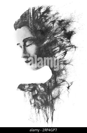 Portrait de profil peint en noir et blanc isolé par paintographie Banque D'Images