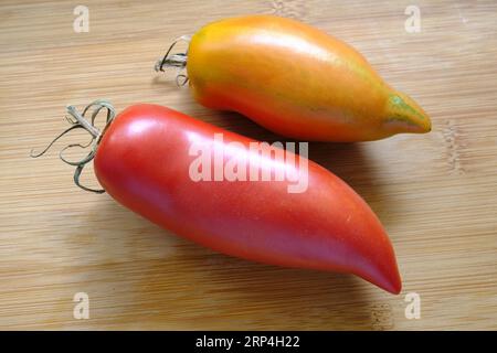 Paire de tomates Witch Nose long sur planche à découper en bois Banque D'Images