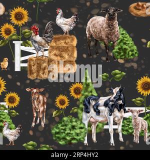Animaux de ferme dans une prairie sur un pâturage. Vaches, moutons et poules sur un ranch parmi les tournesols et les meules de foin. Vie rurale simple, nature et plantes. Seaml Banque D'Images