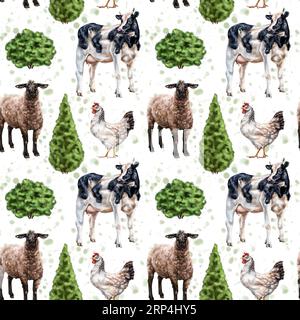 Modèle sans couture de leurs moutons et vaches de ferme. Vie rurale simple sur les pâturages, les animaux de ferme, la nature et les plantes. Style provincial. Troupeau domestique sur le r Banque D'Images