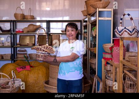 (230903) -- ARXAN, 3 septembre 2023 (Xinhua) -- le villageois Dong Yali expose des saules dans le village de Xikou à Arxan de la Ligue Hinggan, dans la région autonome de Mongolie intérieure du nord de la Chine, le 2 septembre 2023. Arxan, situé au pied sud-ouest des montagnes Dahinggan et à l'intersection de quatre grandes prairies, est une destination touristique de plus en plus populaire. Le marché du tourisme en Mongolie intérieure est en plein essor en 2023. De janvier à juillet, la région a reçu 124 millions de touristes nationaux, réalisant des recettes touristiques record de 176,22 milliards de yuans (24,48 milliards de dollars américains). (Xinhua/Li Zhipeng) Banque D'Images