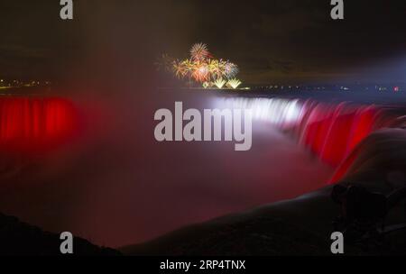 (181118) -- TORONTO, le 18 novembre 2018 -- l'équipe brésilienne expose ses feux d'artifice au-dessus des chutes du Niagara lors de la compétition internationale de feux d'artifice Cascades of Fire 2018 à Niagara Falls, Ontario, Canada, le 17 novembre 2018. Avec des présentations de Team China, Finland et Brazil, le premier concours international de feux d'artifice Cascades of Fire a présenté trois soirées de week-end en novembre pour présenter des spectacles pyrotechniques de 18 minutes synchronisés avec la musique. ) (lrz) CANADA-ONTARIO-NIAGARA FALLS-FIREWORKS ZouxZheng PUBLICATIONxNOTxINxCHN Banque D'Images