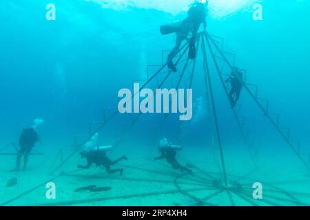 (181120) -- LINGSHUI, 20 novembre 2018 -- des instructeurs de plongée et des membres du personnel ont installé des stands pour les coraux dans la mer dans la zone pittoresque de l'île de Fenjiezhou, dans le comté autonome de Lingshui Li, province de Hainan, dans le sud de la Chine, le 6 septembre 2017. Outre les principaux groupes de touristes sur les excursions sous-marines, quelque 100 instructeurs de plongée ici se portent volontaires pour aider aux activités d'entretien des récifs coralliens, telles que la transplantation de coraux dans les zones de restauration désignées. Maintenant, la couverture corallienne atteint 13,16 pour cent dans la zone pittoresque et 30 pour cent à 40 pour cent dans la zone de plongée. CHINE-HAINAN-INSTRUCTEUR DE PLONGÉE- Banque D'Images