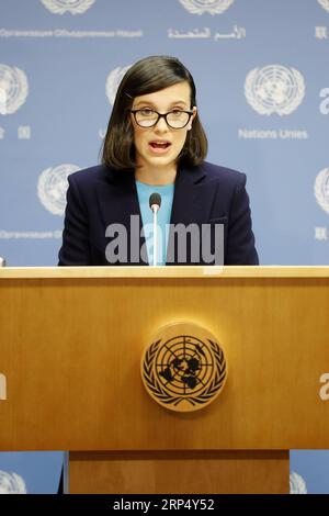 (181120) -- NATIONS UNIES, 20 novembre 2018 -- l'actrice britannique Millie Bobby Brown prend la parole lors d'une conférence de presse au siège de l'ONU à New York, le 20 novembre 2018. Millie Bobby Brown s est engagée mardi à défendre les droits de l enfant dans son nouveau rôle de plus jeune ambassadrice de bonne volonté de l agence des Nations Unies pour l enfance. ONU-UNICEF-AMBASSADEUR DE BONNE VOLONTÉ-MILLIE BOBBY BROWN-CONFÉRENCE DE PRESSE LIXMUZI PUBLICATIONXNOTXINXCHN Banque D'Images