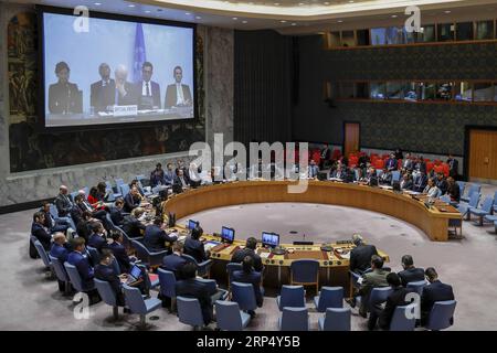 (181120) -- NATIONS UNIES, 20 novembre 2018 -- une photo prise le 19 novembre 2018 montre une vue de la réunion du Conseil de sécurité des Nations Unies sur la Syrie au siège des Nations Unies à New York. L'envoyé spécial des Nations Unies pour la Syrie Staffan de Mistura a déclaré lundi qu'il ferait un dernier essai pour aider à établir un comité constitutionnel syrien avant qu'il ne démissionne. RÉUNION-CONSEIL DE SÉCURITÉ-SYRIE LixMuzi PUBLICATIONxNOTxINxCHN Banque D'Images