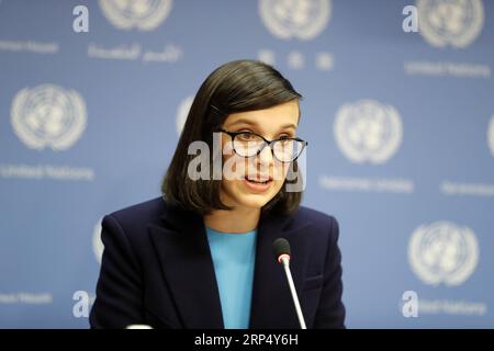 (181120) -- NATIONS UNIES, 20 novembre 2018 -- l'actrice britannique Millie Bobby Brown prend la parole lors d'une conférence de presse au siège de l'ONU à New York, le 20 novembre 2018. Millie Bobby Brown s est engagée mardi à défendre les droits de l enfant dans son nouveau rôle de plus jeune ambassadrice de bonne volonté de l agence des Nations Unies pour l enfance. ONU-UNICEF-AMBASSADEUR DE BONNE VOLONTÉ-MILLIE BOBBY BROWN-CONFÉRENCE DE PRESSE LIXMUZI PUBLICATIONXNOTXINXCHN Banque D'Images