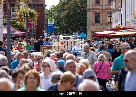 Finsterwalde, Allemagne. 03 septembre 2023. Les gens courent à travers la route du festival lors de la Journée de Brandenburg. Sous la devise «ici la musique joue», la première Journée Brandebourg après 2018 aura lieu ce week-end à Finsterwalde, une ville de 17 000 habitants. Crédit : Frank Hammerschmidt/dpa/Alamy Live News Banque D'Images