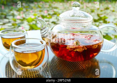 Gros plan d'un pot de thé rose avec deux tasses de thé sur la table de jardin Banque D'Images