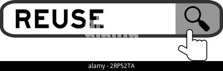 Bannière de recherche dans la réutilisation de mots avec la main sur l'icône de loupe sur fond blanc Illustration de Vecteur