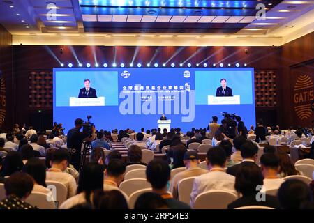 Pékin, Chine. 3 septembre 2023. Cette photo prise le 3 septembre 2023 montre une scène du Sommet mondial des entrepreneurs sur le commerce des services à Beijing, capitale de la Chine. Le sommet, accueilli par l'Alliance mondiale pour le commerce des services, s'est tenu dimanche au China National Convention Center à Beijing. Crédit : Ju Huanzong/Xinhua/Alamy Live News Banque D'Images