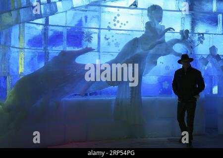 (181127) -- BRUXELLES, le 27 novembre 2018 -- Un touriste apprécie les sculptures sur glace au Festival de sculptures sur glace de Bruges, Belgique, le 27 novembre 2018. Le festival de sculpture sur glace, avec 80 sculptures sur glace réalisées par 40 sculpteurs sur glace, durera jusqu'au 6 janvier 2019. ) (Zxj) BELGIQUE-BRUGES-SCULPTURE SUR GLACE YexPingfan PUBLICATIONxNOTxINxCHN Banque D'Images