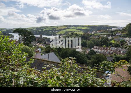 Vue de la ville de Salcombe dans la vallée, avec East Portlemouth au loin, pris du sentier jusqu'à se garer et rouler sur une journée d'été. Banque D'Images