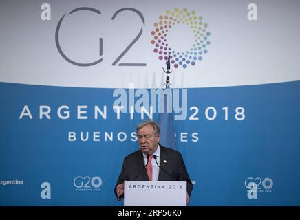 (181130) -- BUENOS AIRES, le 30 novembre 2018 -- le Secrétaire général des Nations Unies Antonio Guterres prend la parole lors d'une conférence de presse à Buenos Aires, Argentine, le 30 novembre 2018. Toutes les nations devraient assumer leurs responsabilités, agir et renforcer la coordination dans le processus multilatéral de lutte contre le changement climatique, Wang Yi, conseiller d’État chinois et ministre des Affaires étrangères, a déclaré vendredi lors d’une réunion tripartite avec le ministre français des Affaires étrangères Jean-Yves le Drian et le secrétaire général des Nations unies Antonio Guterres en marge du sommet du Groupe des 20 (G20). ARGENTINE-BUENOS AIRES-CHANGEMENT CLIMATIQUE Banque D'Images