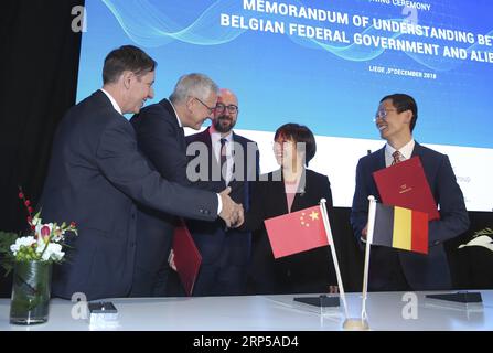 (181205) -- LIEGE (BELGIQUE), 5 décembre 2018 -- Michel Kempeneers, directeur de l'exploitation de l'Agence wallonne d'exportation et d'investissement, vice-premier ministre belge Kris Peeters, premier ministre belge Charles Michel, président du groupe Alibaba, Angel Zhao et directeur principal du groupe Alibaba James Song (de gauche à droite) célébrez après la signature d'un protocole d'entente pour l'ouverture de la plateforme Electronic World Trade lors d'une cérémonie de signature à Liège, en Belgique, le 5 décembre 2018. Le géant chinois du commerce électronique Alibaba a signé mercredi un accord avec le gouvernement fédéral belge pour ouvrir son premier Electronic World Trade plat Banque D'Images