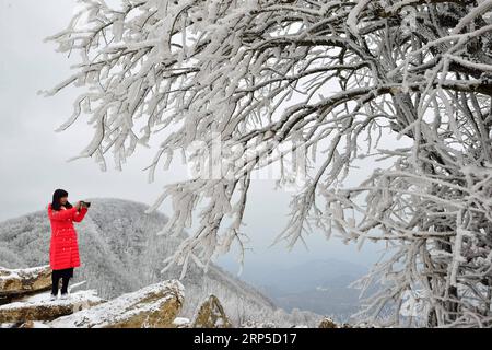 (181209) -- XIANGYANG, 9 déc. 2018 (Xinhua) -- un visiteur prend des photos de paysages rime à Hengchong dans la ville de Houping sous le comté de Baokang, province du Hubei en Chine centrale, 8 déc. 2018 (Xinhua/Yang Tao)(mp) CHINA-HUBEI-BAOKANG COUNTY-SNOW (CN) PUBLICATIONxNOTxINxCHN Banque D'Images