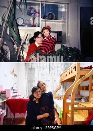 (181214) -- PÉKIN, 14 décembre 2018 -- la partie supérieure de cette photo combinée prise en octobre 1990 montre Zhang si (R), 5 ans, posant pour une photo avec sa mère à Taiyuan, capitale de la province du Shanxi du nord de la Chine. Sa famille vivait dans une maison de 60 mètres carrés attribuée par l'unité de travail de ses parents. La cuisine et le chauffage des ménages dépendaient des briquettes en nid d'abeille. La partie inférieure de la photo combinée prise par le 13 novembre 2018 montre Zhang si (L), 33 ans, posant pour une photo avec sa fille Han Siyang, 5 ans, chez elle à Taiyuan. Zhang vit dans un appartement de 160 mètres carrés avec underflo Banque D'Images