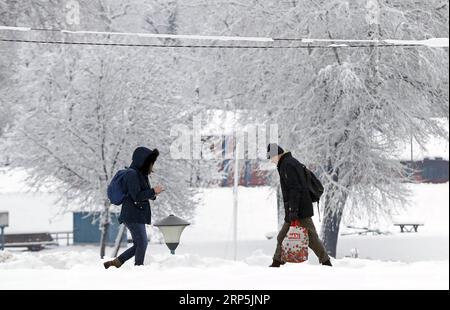 (181216) -- BELGRADE, 16 décembre 2018 -- des gens marchent dans un parc enneigé à Belgrade, Serbie, le 16 décembre 2018.) SERBIE-BELGRADE-MÉTÉO-NEIGE PredragxMilosavljevic PUBLICATIONxNOTxINxCHN Banque D'Images