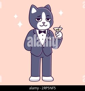 Personnage de dessin animé de chat Tuxedo. Chat drôle en costume de cravate noire tenant le verre de martini. Illustration vectorielle mignonne. Illustration de Vecteur