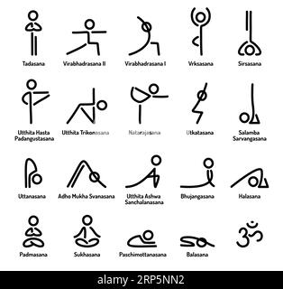 Jeu d'icônes de lignes de poses de yoga stylisées simples. Figurines de bâton dessinées à la main dans les asanas de yoga, illustration vectorielle. Illustration de Vecteur