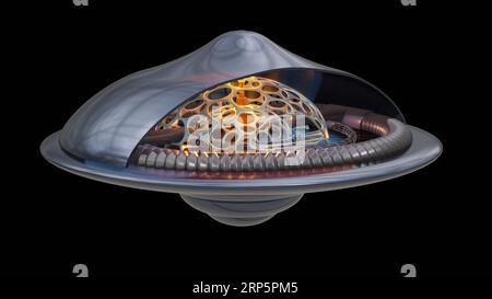 UAP , vue intérieure du système de propulsion UFO. Vue interne du vaisseau extraterrestre. Intérieur de véhicule antigravité. Propulsion extraterrestre. illustration de rendu 3d. Banque D'Images