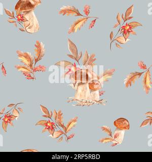 Motif aquarelle sans couture avec champignons porcini, feuilles de chêne et branche avec fleur rouge sur fond gris. Illustration botanique dessinée à la main d'été Banque D'Images