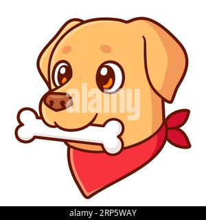 Dessin drôle de portrait de chien de bande dessinée avec l'os et le bandana rouge. Illustration vectorielle mignonne Golden retriever. Illustration de Vecteur